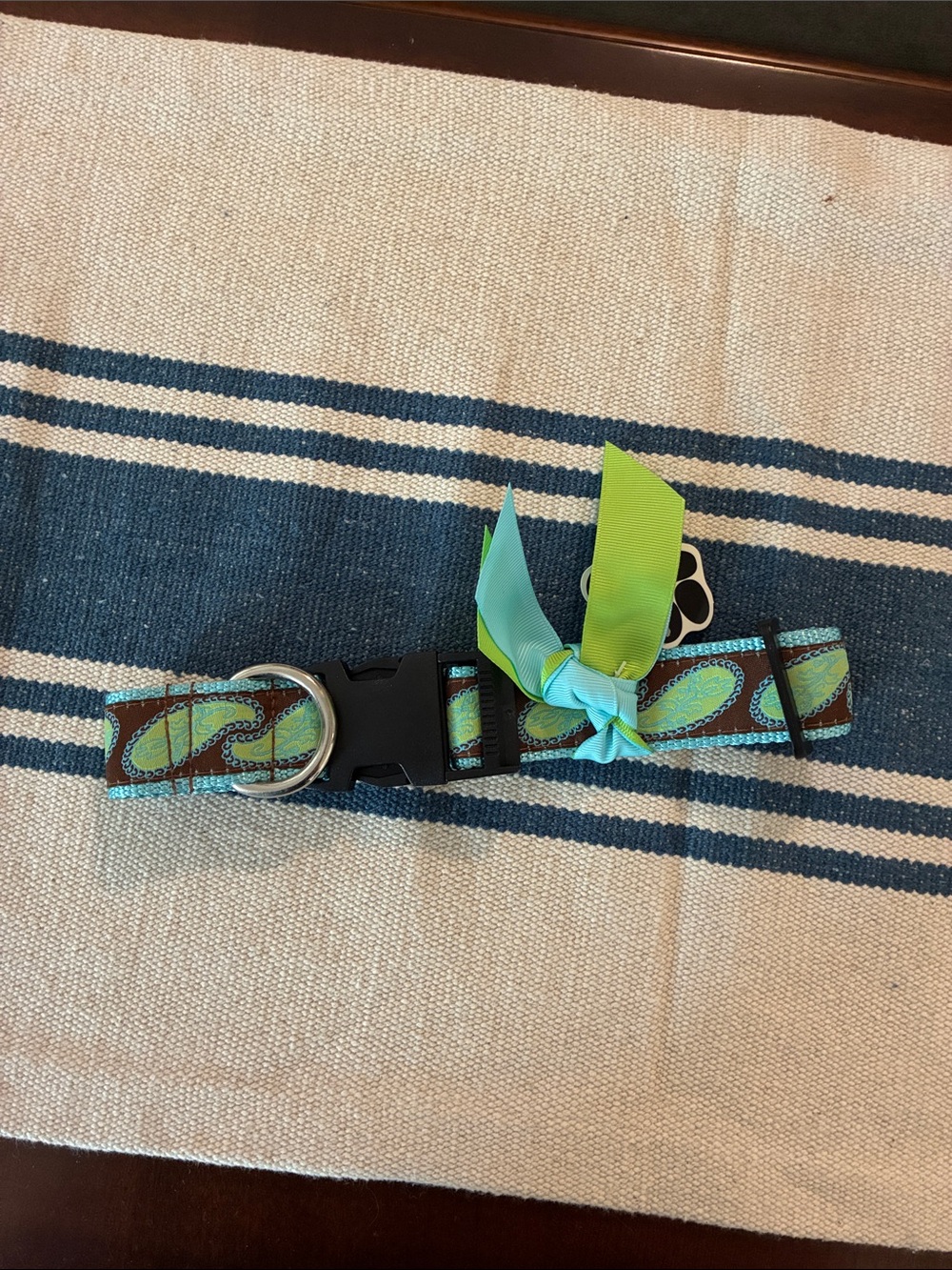 Mud Pie Turquoise and Brown Paisley Dog Collar with Green Bow Accent